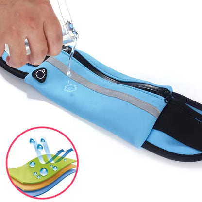 Blue waist bag with water droplet being poured onto it, showing water resistance.