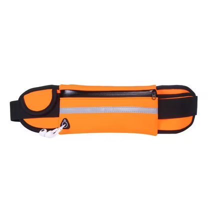 Orange waist bag with black straps on a white background