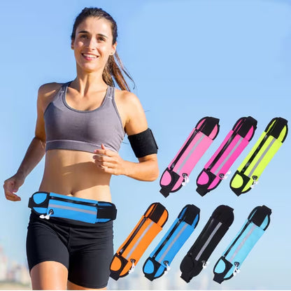Woman running outdoors with colorful waist bags displayed below.
