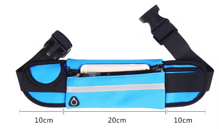 Blue and black waist bag with measurements on a white background