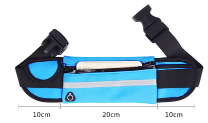 Blue and black waist bag with measurements on a white background