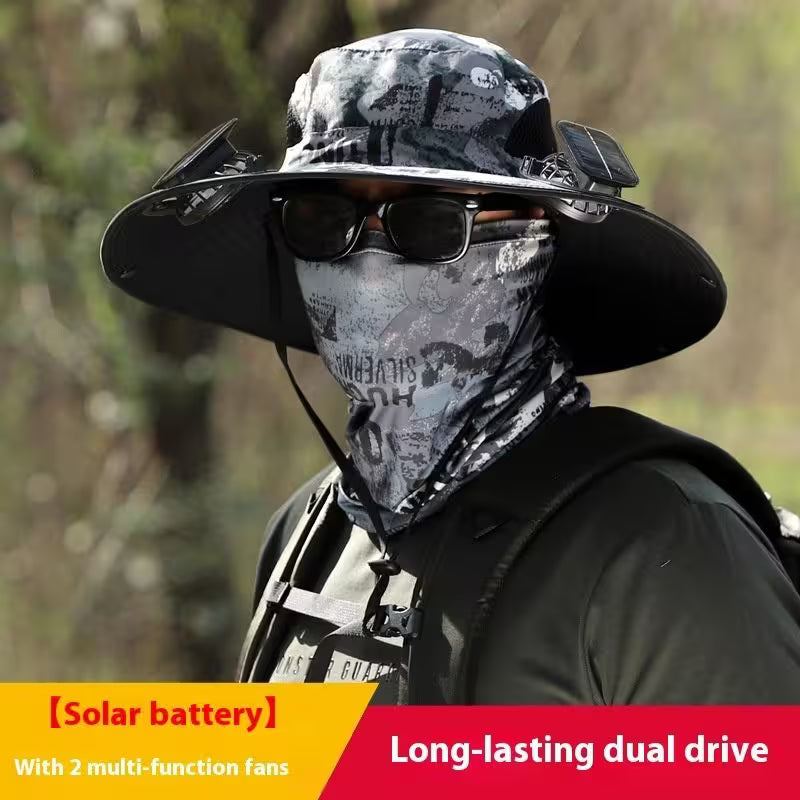 Person wearing a camouflage hat, sunglasses, and a face mask with text about solar battery and dual drive.
