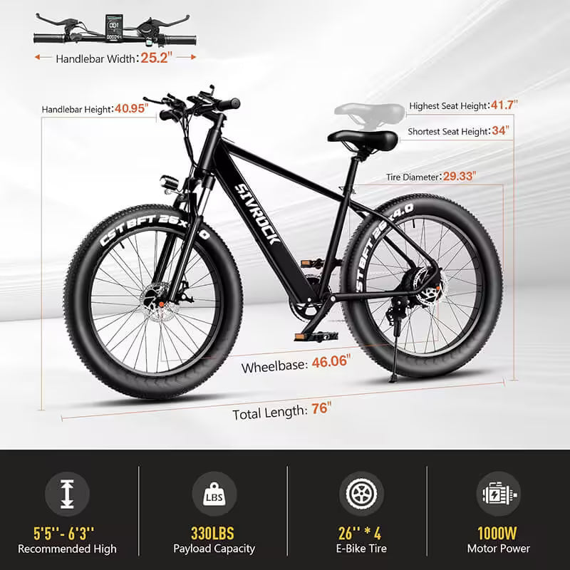 SIVROCK 1000W Fat Tire Electric Bike for Adults – 75-Mile Range, 25MPH, 15AH Battery, 4-Mode All-Terrain