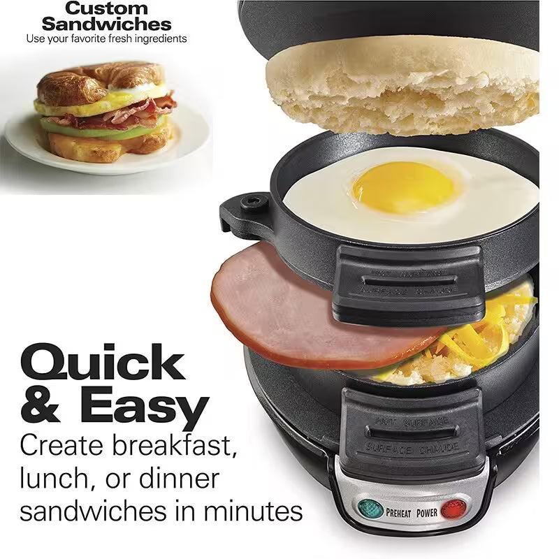 Multifunctional sandwich maker with ingredients and text promoting quick and easy meal creation.