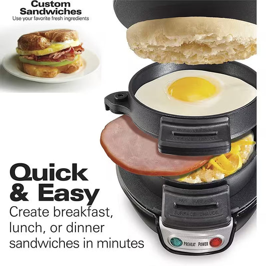 Multifunctional sandwich maker with ingredients and text promoting quick and easy meal creation.