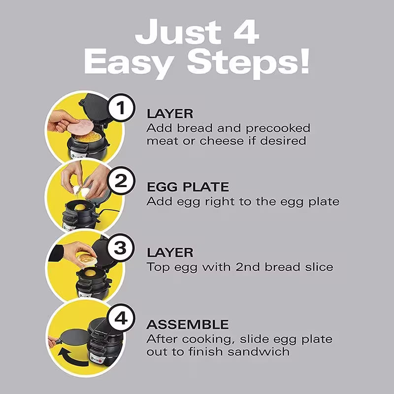 Instructions for making a sandwich using an egg plate on a gray background