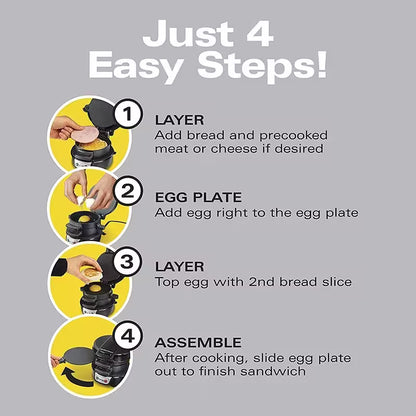 Instructions for making a sandwich using an egg plate on a gray background