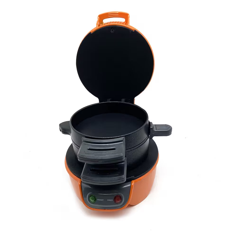 Orange and black appliance with a lid open on a white background