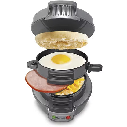 Breakfast sandwich maker with ingredients inside on a white background