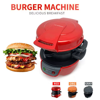 Red burger machine with a cooked burger on a white background