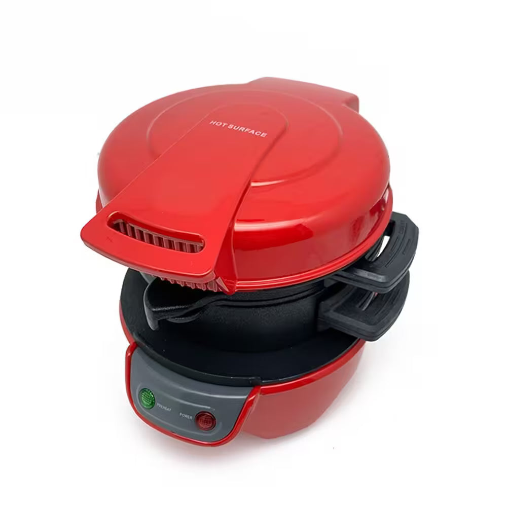 Red waffle maker on a white background