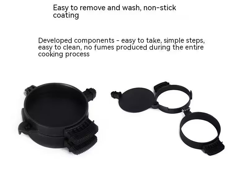 Black kitchen component with text about easy removal, washing, and non-stick coating on a white background
