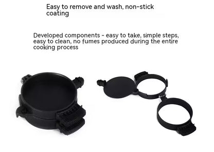 Black kitchen component with text about easy removal, washing, and non-stick coating on a white background
