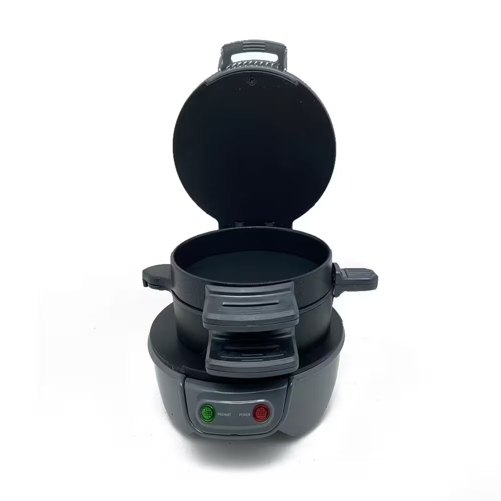 Black waffle maker on a white background