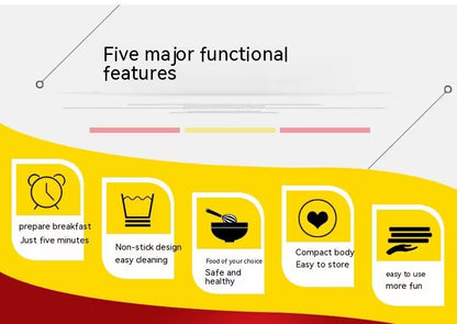 Five major functional features with icons and text on a yellow and red background