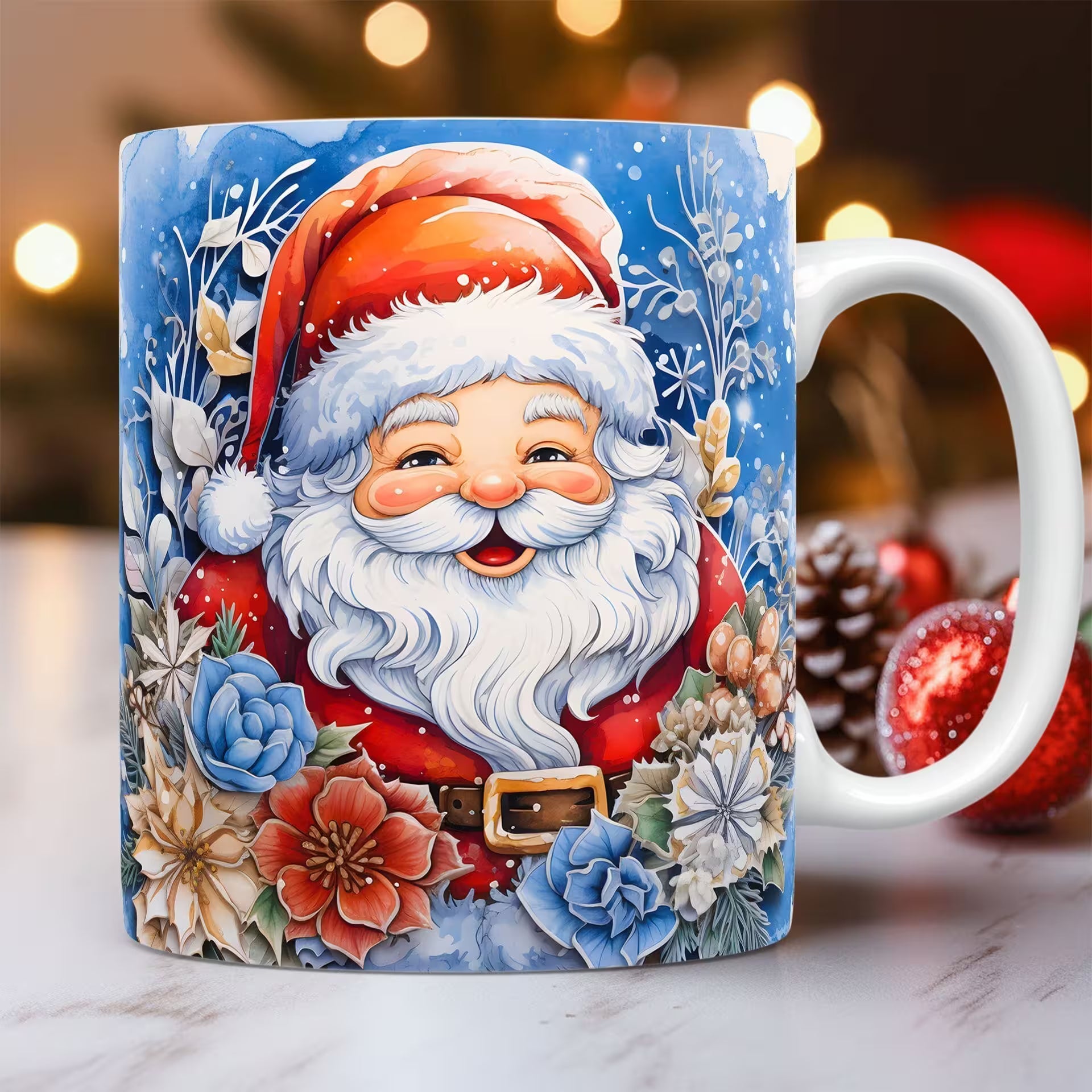 Mug with Santa Claus design on a blurred festive background