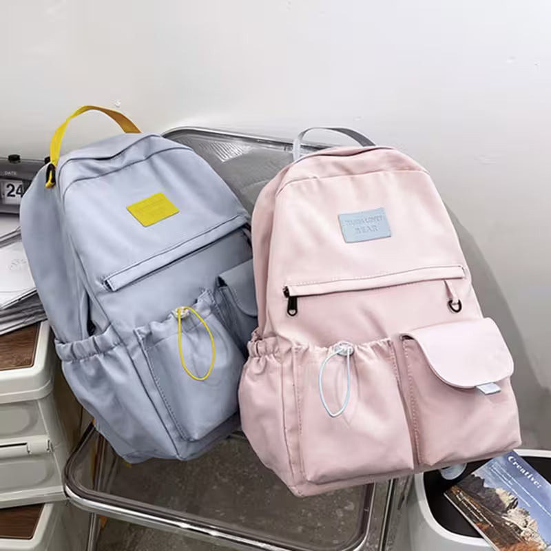 School Backpacks | Multi-Pocket Laptop Bag with Contrast Straps & Drawstring Side Pockets | Unisex Aesthetic College Bag