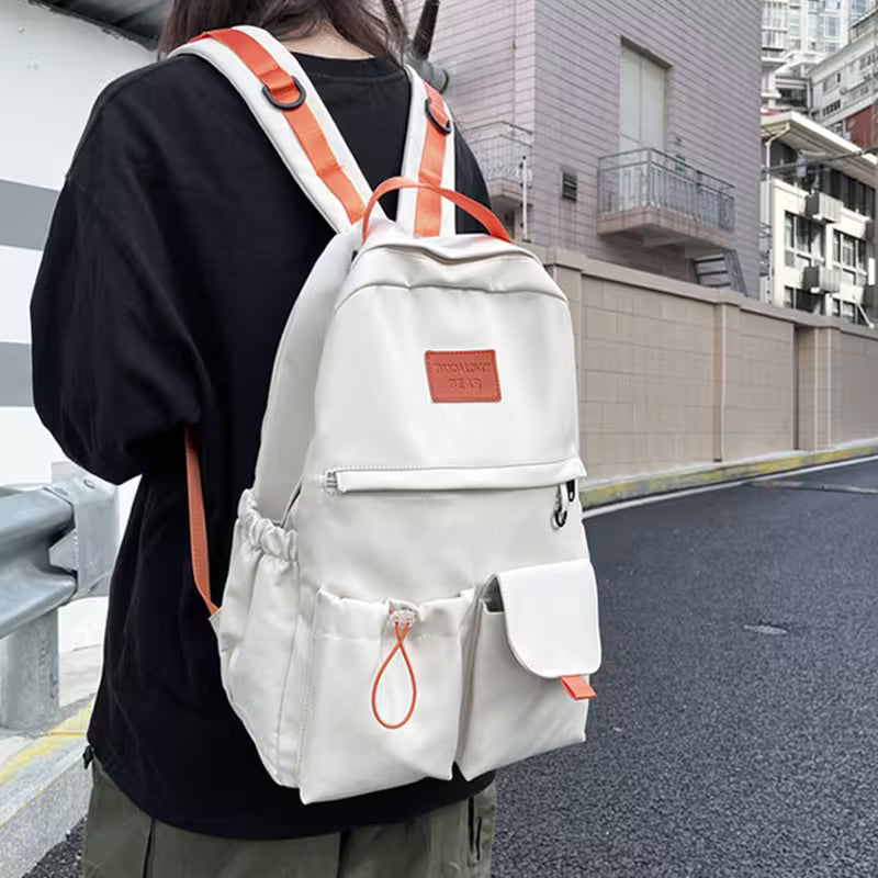 School Backpacks | Multi-Pocket Laptop Bag with Contrast Straps & Drawstring Side Pockets | Unisex Aesthetic College Bag