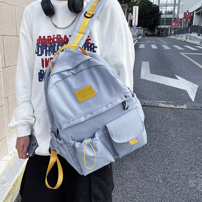School Backpacks | Multi-Pocket Laptop Bag with Contrast Straps & Drawstring Side Pockets | Unisex Aesthetic College Bag