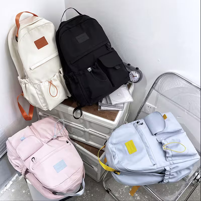 School Backpacks | Multi-Pocket Laptop Bag with Contrast Straps & Drawstring Side Pockets | Unisex Aesthetic College Bag