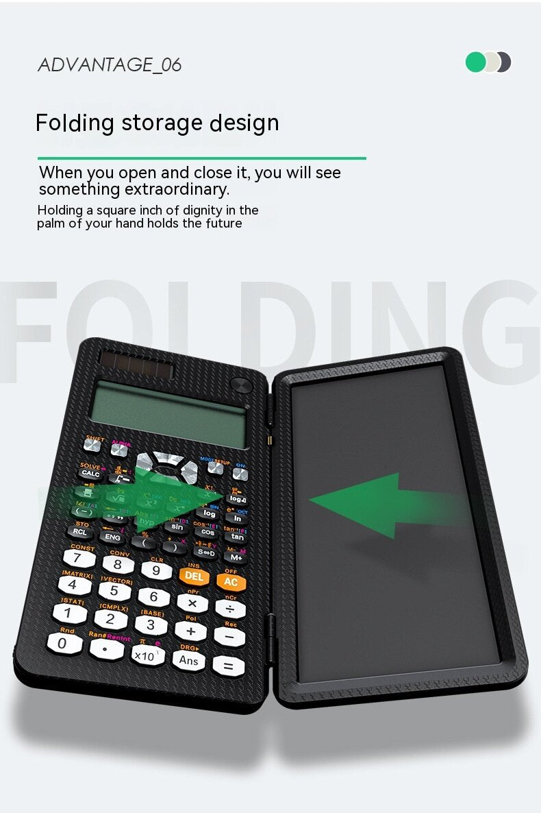 With its unique foldable design, this calculator features a writing pad on one side and a scientific calculator on the other, allowing you to effortlessly switch between math calculations and note-taking without missing a beat. Whether you're a student, teacher, engineer, or professional, this versatile tool is a must-have for anyone who wants to streamline their work and stay organized on the go.