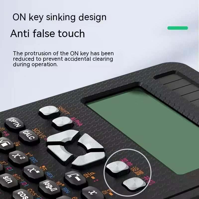 Close-up of a calculator with an ON key sinking design feature highlighted.