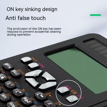 Close-up of a calculator with an ON key sinking design feature highlighted.