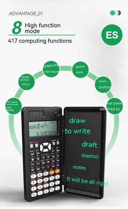 Scientific calculator with multiple functions displayed on a white background