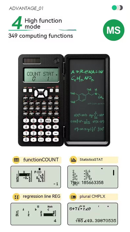Scientific calculator with digital display and mathematical equations on a black background