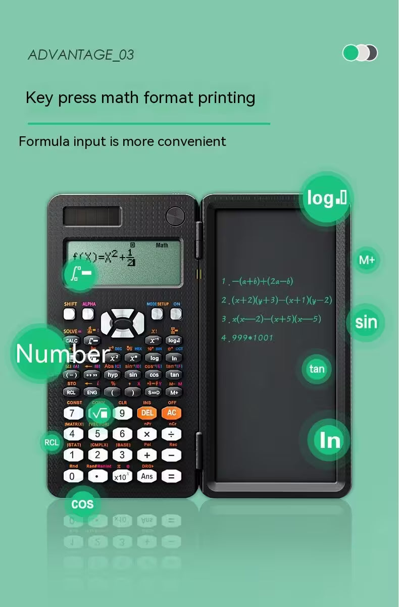 Scientific calculator with mathematical functions on a green background