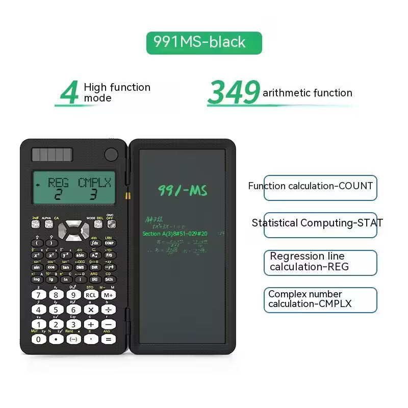 Black scientific calculator with digital display on a white background