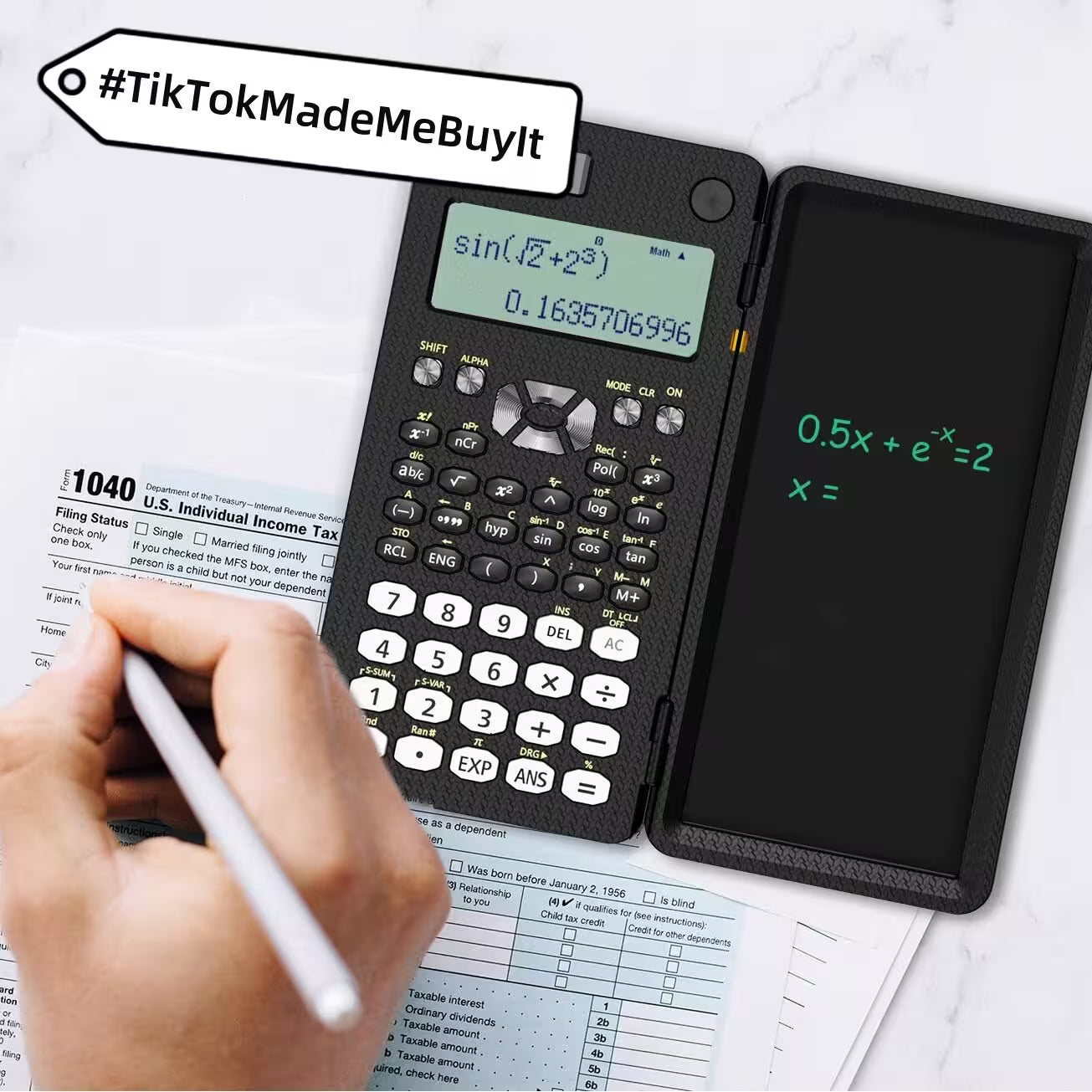 Scientific calculator with a small screen displaying mathematical equations, next to a hand holding a pen and tax forms.