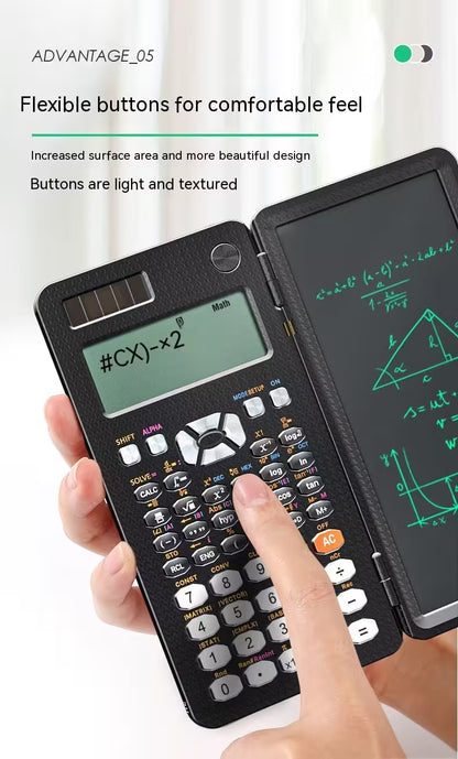 Calculator with a digital display and drawing pad held by a hand, showing mathematical equations.