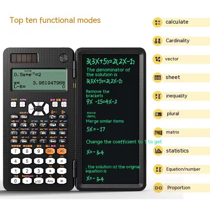 Scientific calculator with open display showing mathematical equations and text, alongside a list of top ten functional modes on the right.