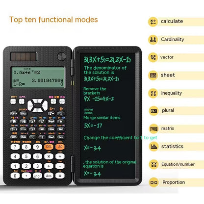 Scientific calculator with open display showing mathematical equations and text, alongside a list of top ten functional modes on the right.