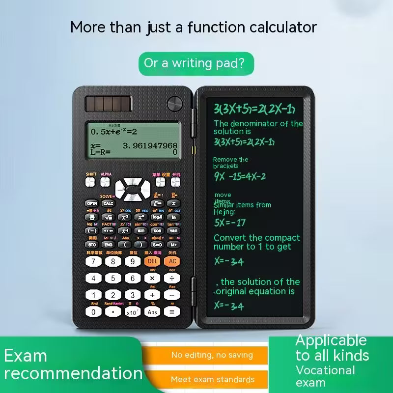 Calculator with digital display and writing pad on a light blue background