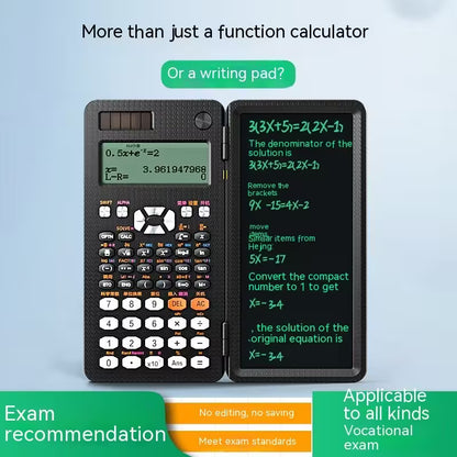 Calculator with digital display and writing pad on a light blue background