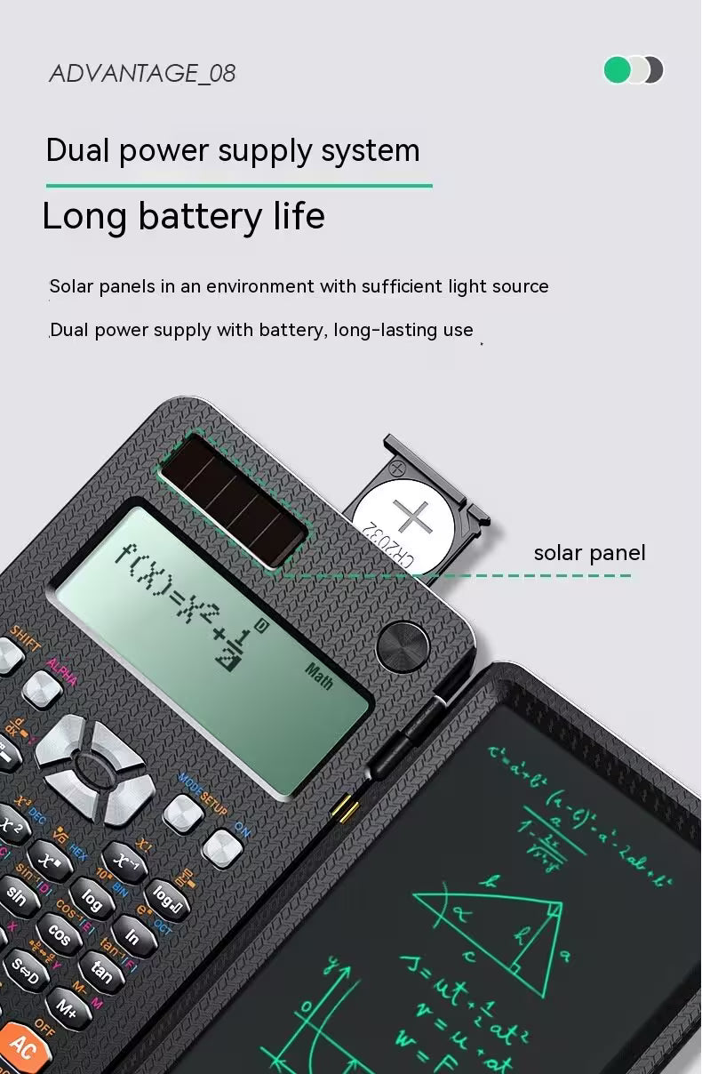 Scientific calculator with solar panel and digital display on a light gray background