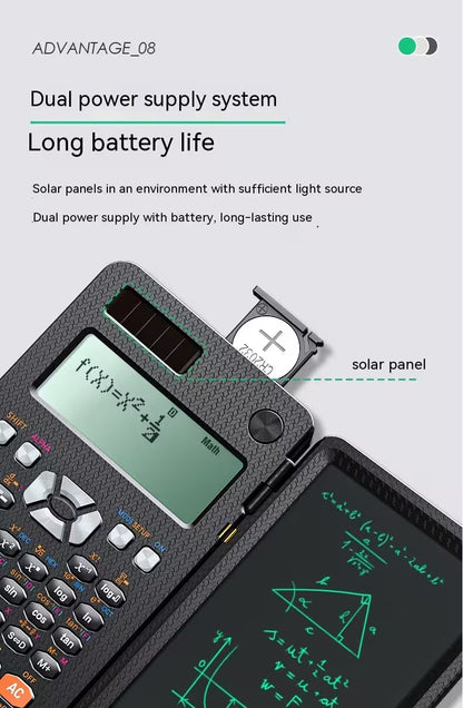 Scientific calculator with solar panel and digital display on a light gray background