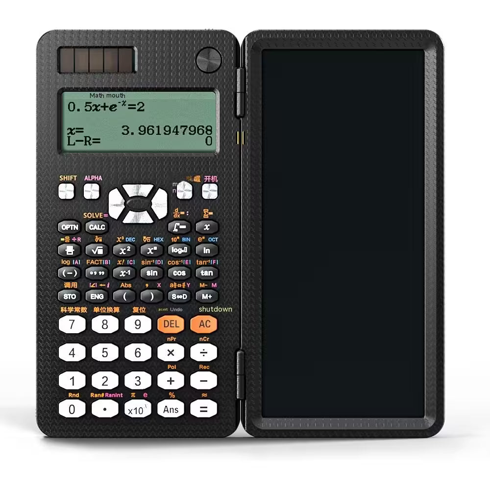 Scientific calculator with open cover displaying equations on a white background