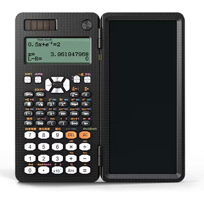 Scientific calculator with open cover displaying equations on a white background