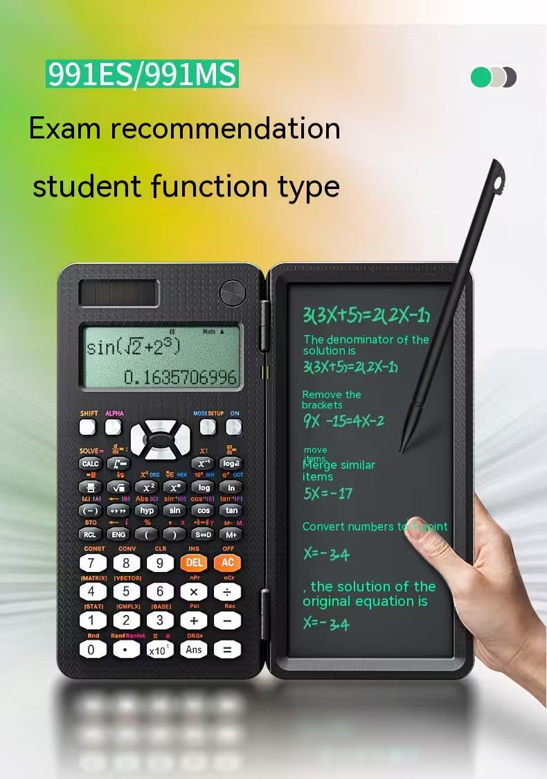 Calculator with screen displaying mathematical equations and a hand pointing at a digital tablet.