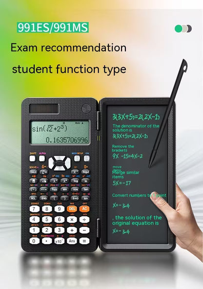 Calculator with screen displaying mathematical equations and a hand pointing at a digital tablet.