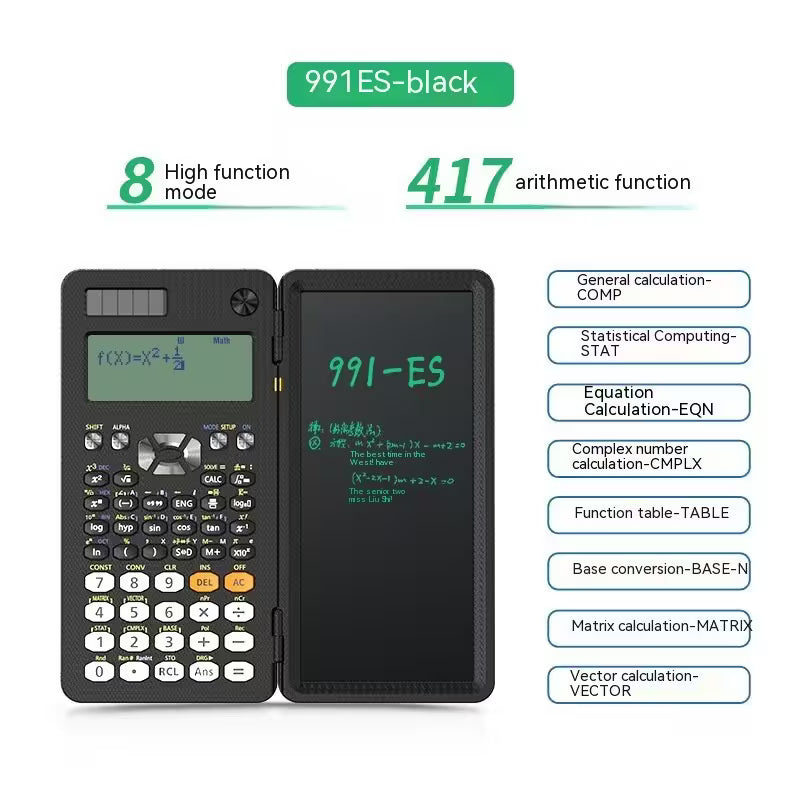 Scientific calculator with features listed on a white background