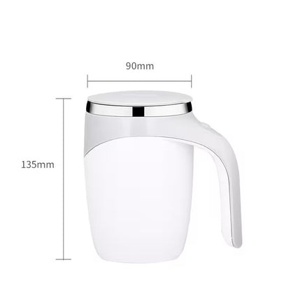 White mug with a silver lid and handle, showing dimensions on a white background