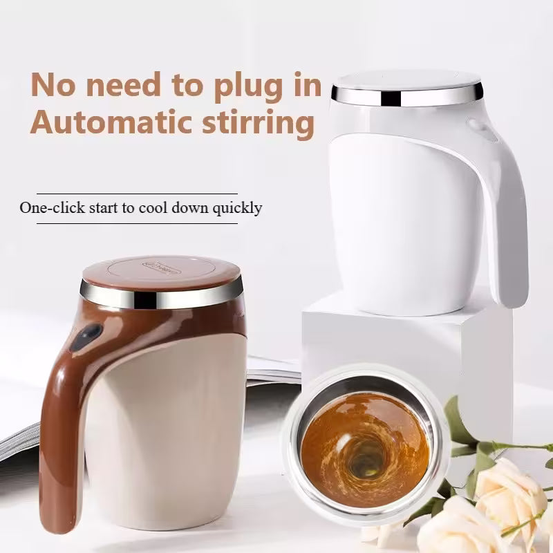 White and brown electric mug with automatic stirring feature on a white background