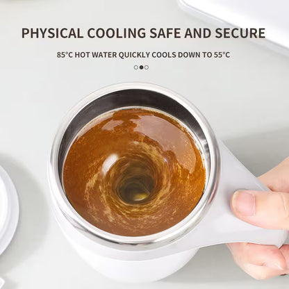 Stainless steel cup with hot liquid held by a hand, text about physical cooling.