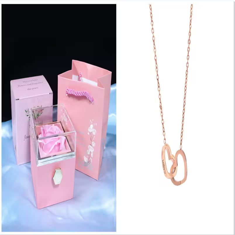 Rose gold necklace in a pink gift box with a clear lid