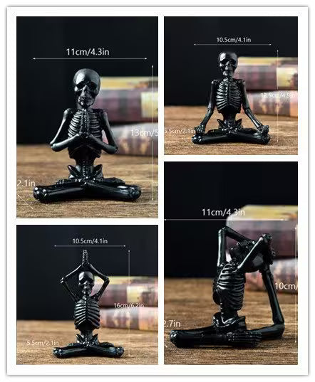 Black skeleton figurine in various poses with measurements on a wooden surface.