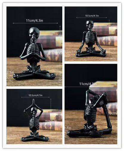 Black skeleton figurine in various poses with measurements on a wooden surface.